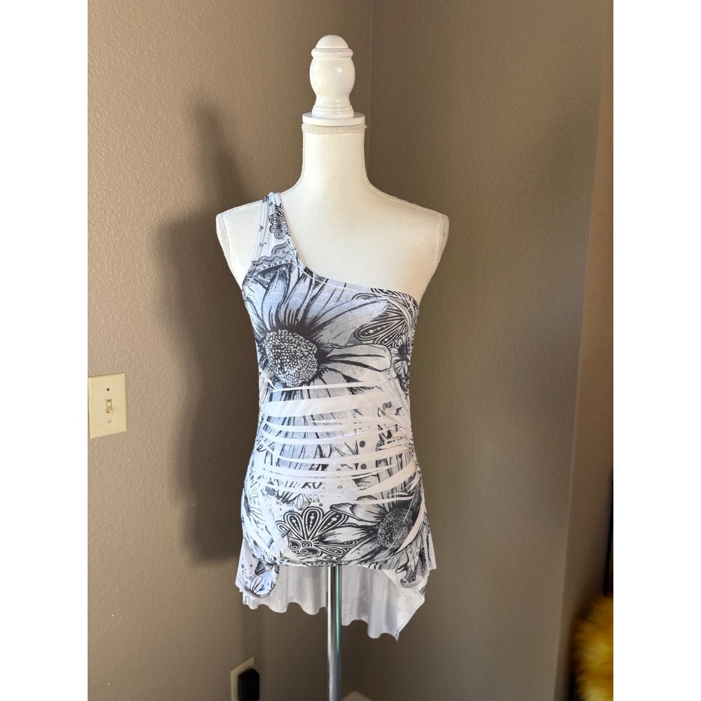 5.7.9 One Shoulder Floral Tunic Top Mini Dress White Black Slashed Ruched M
